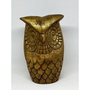 Solid Wood Hand Carved Owl Painted Gold With Black Felt bottom Green Front